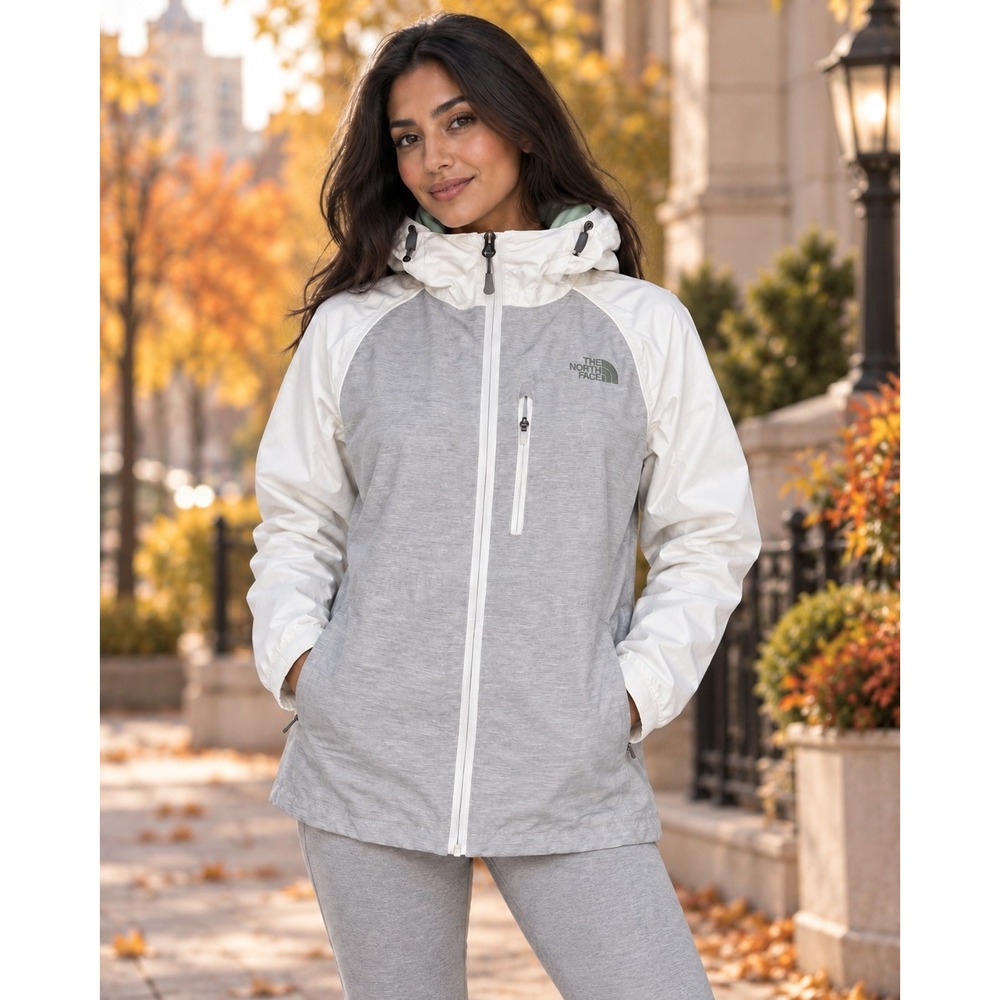 The North Face HyVent Rain Jacket Womens Small Grey White Hooded Shell Coat